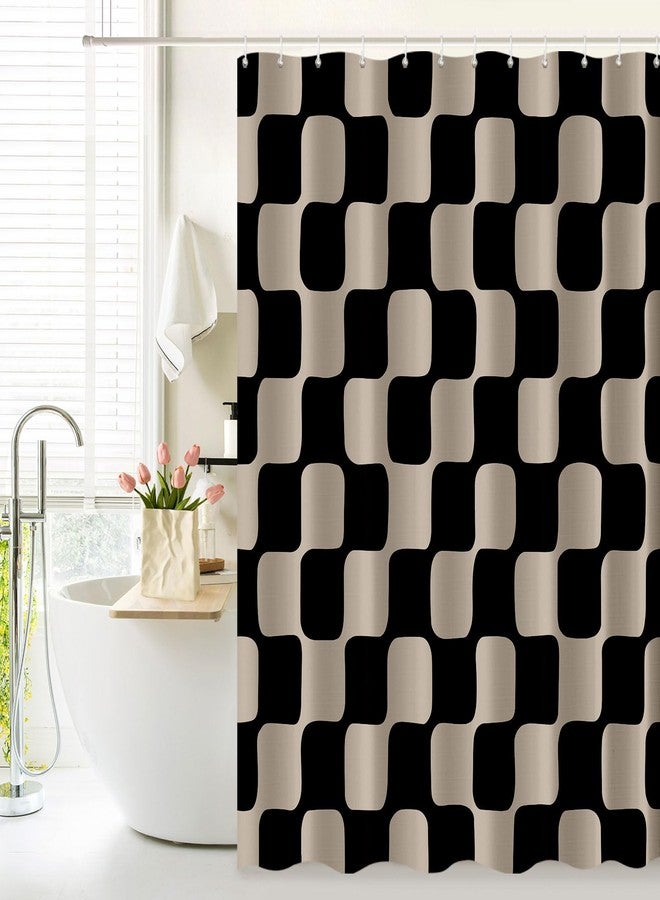 Tititex Retro Checkerboard Grid Pattern 140gsm Faux Linen Fabric Shower Curtain, Black Brown Classical Groovy Wavy Checkered Shower Curtain Sets Decoration 72x72 Inch with Hooks - Image 2