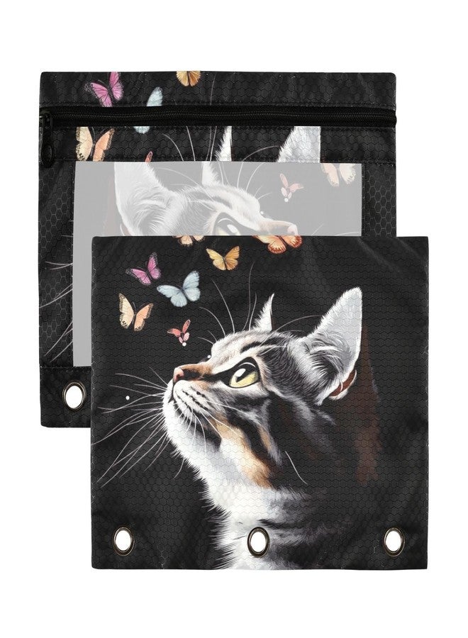 Kcldeci Pencil Pouch for 3 Ring Binder with Clear Window, Portrait of Cat and Butterflies - Image 1