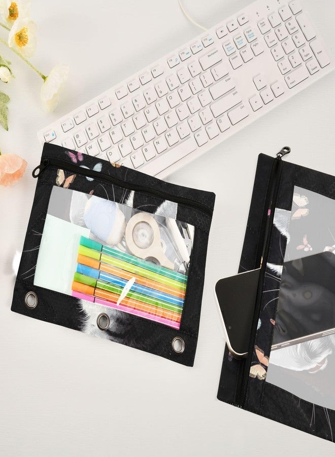 Kcldeci Pencil Pouch for 3 Ring Binder with Clear Window, Portrait of Cat and Butterflies - Image 4