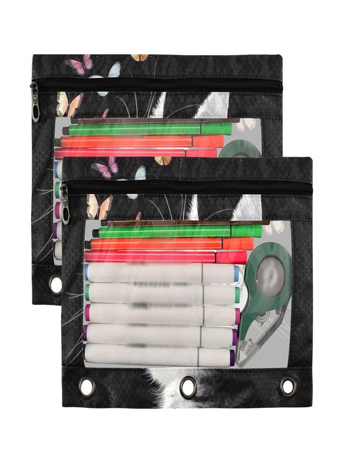 Kcldeci Pencil Pouch for 3 Ring Binder with Clear Window, Portrait of Cat and Butterflies - Image 2