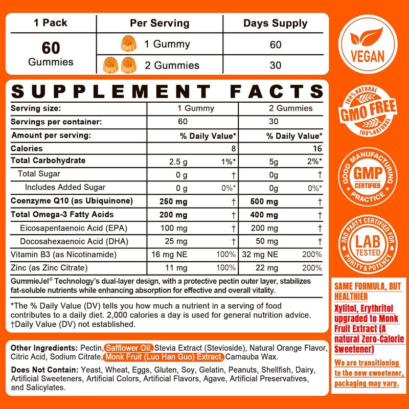 NEVISS SugarFree CoQ10250mg  500mg Filled Gummies  Plus Omega3 EPA  DHA B3  Zinc  Ultra Co Q10 Supplements for Heart Health Cellular Energy Antioxidant Support Up to 60 Day Supply Vegan 60Cts - Image 2