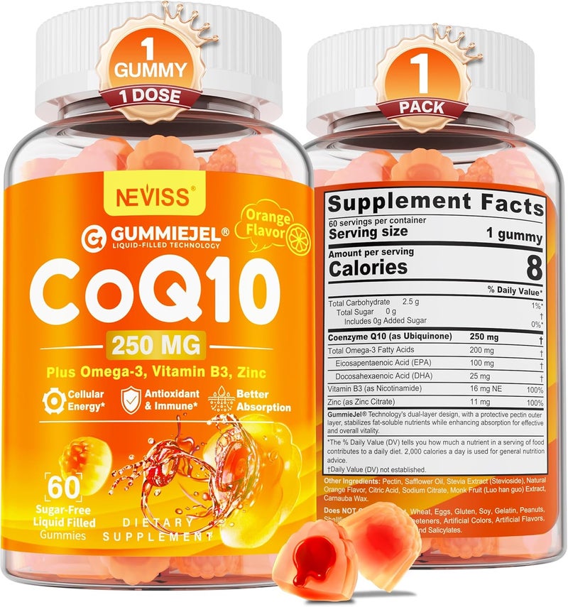 NEVISS SugarFree CoQ10250mg  500mg Filled Gummies  Plus Omega3 EPA  DHA B3  Zinc  Ultra Co Q10 Supplements for Heart Health Cellular Energy Antioxidant Support Up to 60 Day Supply Vegan 60Cts - Image 1