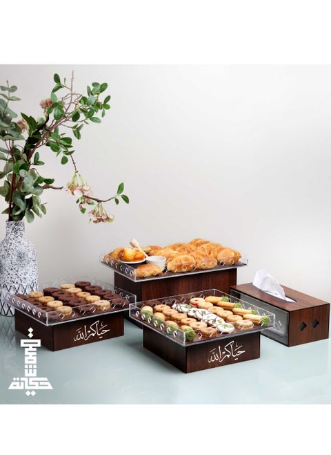 Brown color buffet tables package It comes with an Arabic phrase