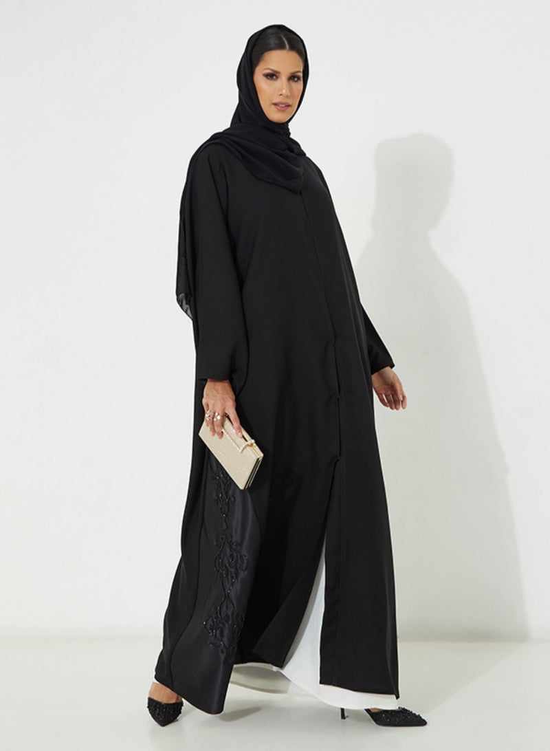 روزيت عباية عباية سوداء مع تطريز يدوي باللون الأسود على الجانبين - Image 1
