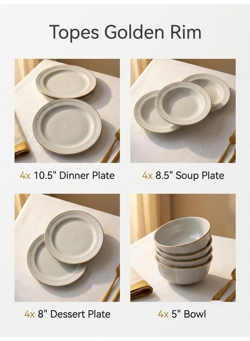 Celia 16-Piece Porcelain Dinner Set White/Gold; 4Pcs Dinner Plates Size 10.5 Inch, 4Pcs Soup Plates 8.5 Inch, 4Pcs Dessert Plate 8 Inch, 4Pcs Bowl 5 Inch - Image 5