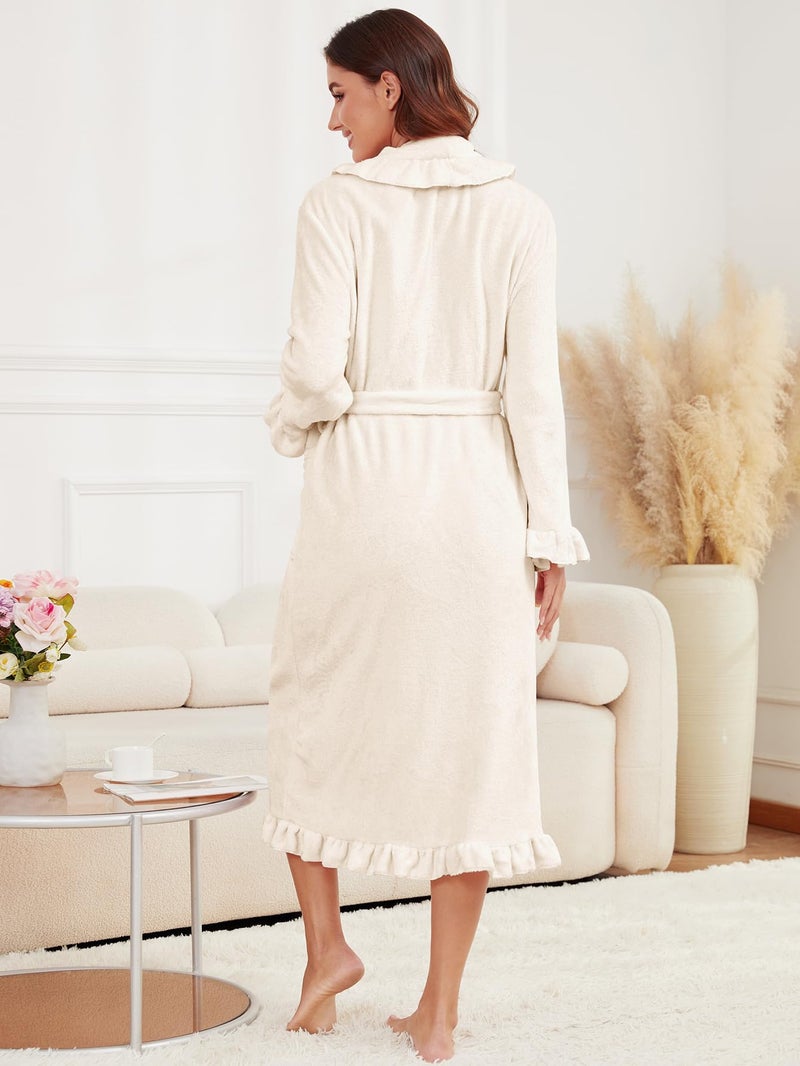 Gihuo Women's Long Fleece Bathrobe Fluffy Warm Ruffle Bath Robe Loungewear (US, Alpha, Small, Regular, Regular, Beige) - Image 5
