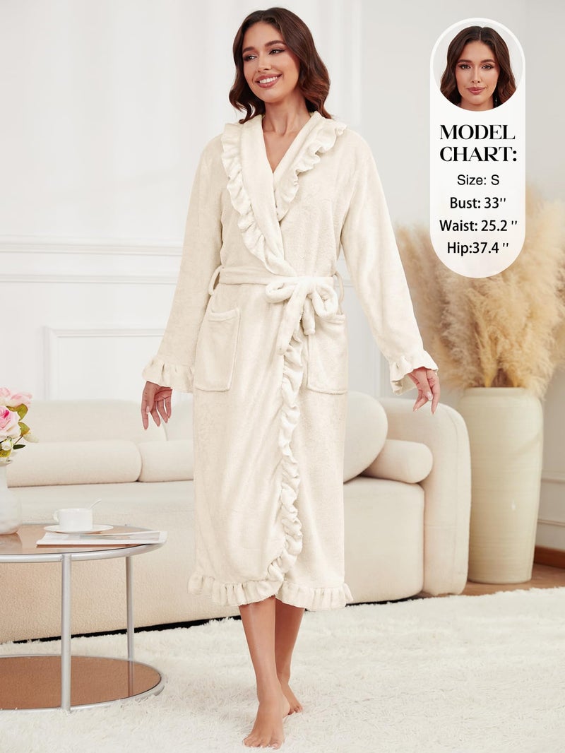Gihuo Women's Long Fleece Bathrobe Fluffy Warm Ruffle Bath Robe Loungewear (US, Alpha, Small, Regular, Regular, Beige) - Image 2