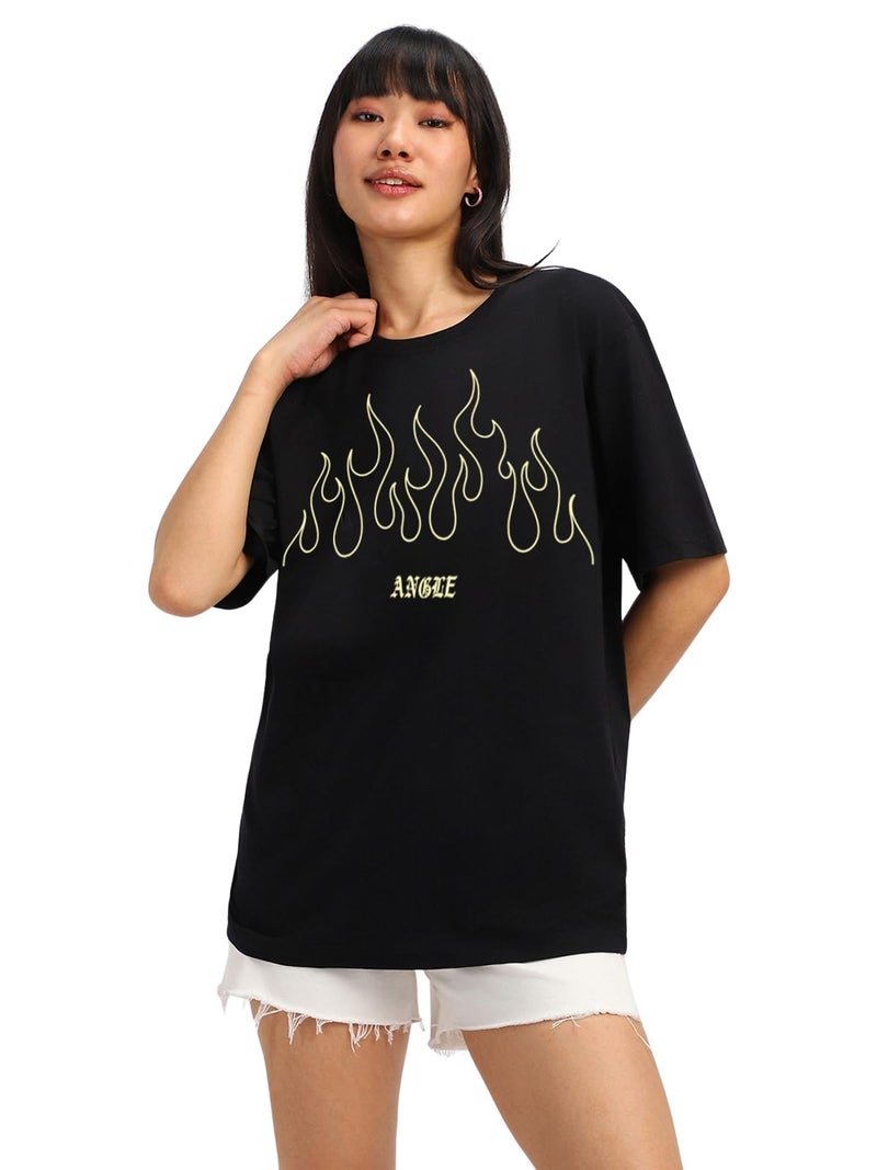 JUNEBERRY® Pure Cotton Half Sleeve Round Neck Oversized Fit Graphic Print Black T-Shirt for Women/Girls (OS_J_ANGREE_BK_M) (Available in from S to 2XL) - Image 1