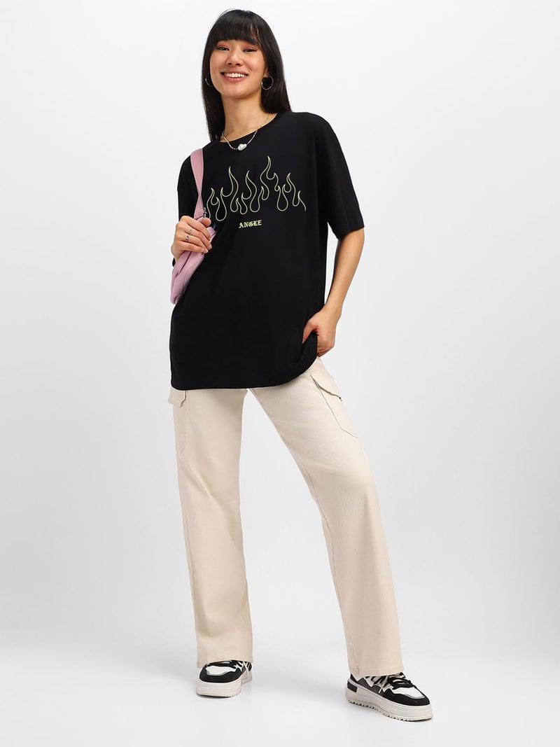 JUNEBERRY® Pure Cotton Half Sleeve Round Neck Oversized Fit Graphic Print Black T-Shirt for Women/Girls (OS_J_ANGREE_BK_M) (Available in from S to 2XL) - Image 2