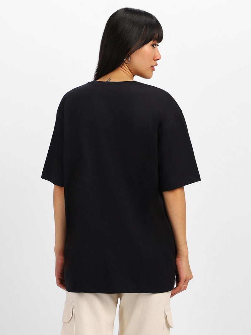 JUNEBERRY® Pure Cotton Half Sleeve Round Neck Oversized Fit Graphic Print Black T-Shirt for Women/Girls (OS_J_ANGREE_BK_M) (Available in from S to 2XL) - Image 4