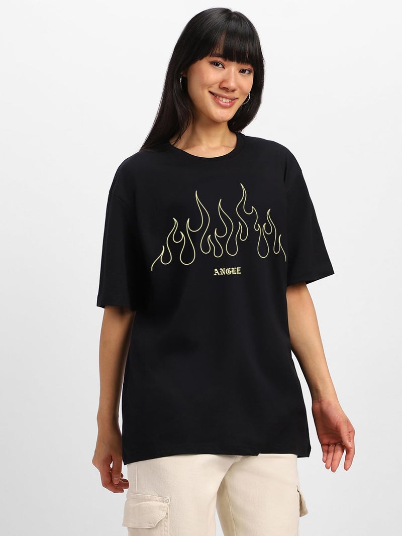 JUNEBERRY® Pure Cotton Half Sleeve Round Neck Oversized Fit Graphic Print Black T-Shirt for Women/Girls (OS_J_ANGREE_BK_M) (Available in from S to 2XL) - Image 3