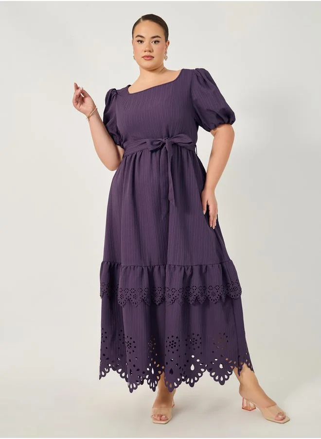 ستايلي Plus Size Cut-Out Pattern Tiered Maxi Dress with Tie Belt