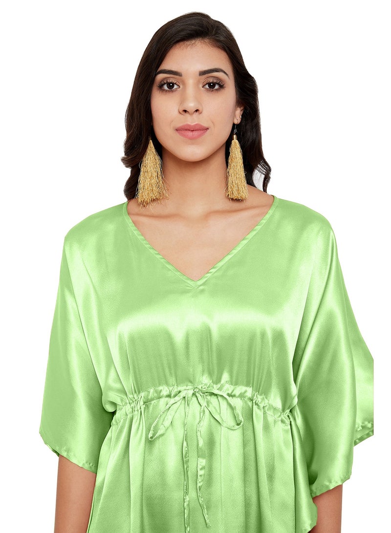 Gypsie Blu V-neck Green Satin Short Tunic Kaftan Night Dress Sleepwear for Plus Size Women  - Image 4