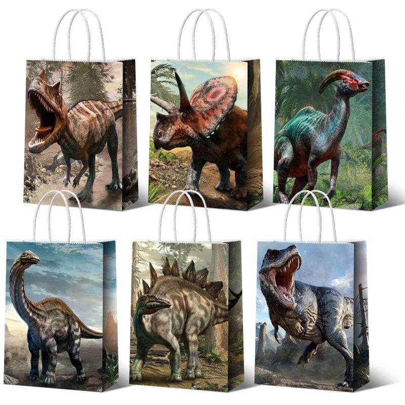 Funrous Dinosaur Gift Bags Dino Party Favor Dinosaur Treat Goodie Bags with Handles Dino Gift Package Candy Goodie Paper for Kids' Birthday Decorations Party Supplies, 8.7 x 6.3 x 3.2 In(18 Pcs) - Image 1