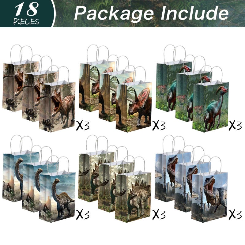 Funrous Dinosaur Gift Bags Dino Party Favor Dinosaur Treat Goodie Bags with Handles Dino Gift Package Candy Goodie Paper for Kids' Birthday Decorations Party Supplies, 8.7 x 6.3 x 3.2 In(18 Pcs) - Image 3