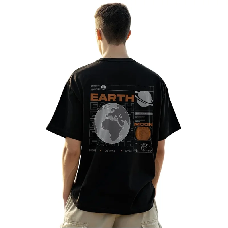 NOBERO Black Graphic Print Oversized T-Shirt for Men