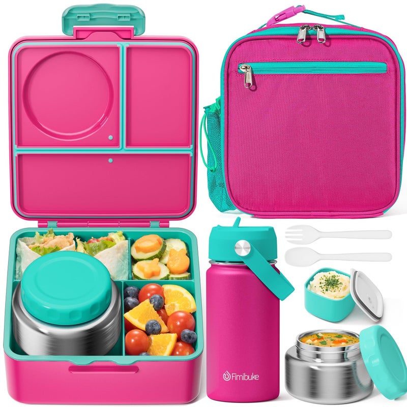Fimibuke Bento Box for Kids Adult Leakproof 34 Compartments Lunch Bento Box Set with Insulated Food Jar Water Bottle Lunch Bag Sauce Cup Cutlery for Toddler Teen Shcool Girl Boy Age 3