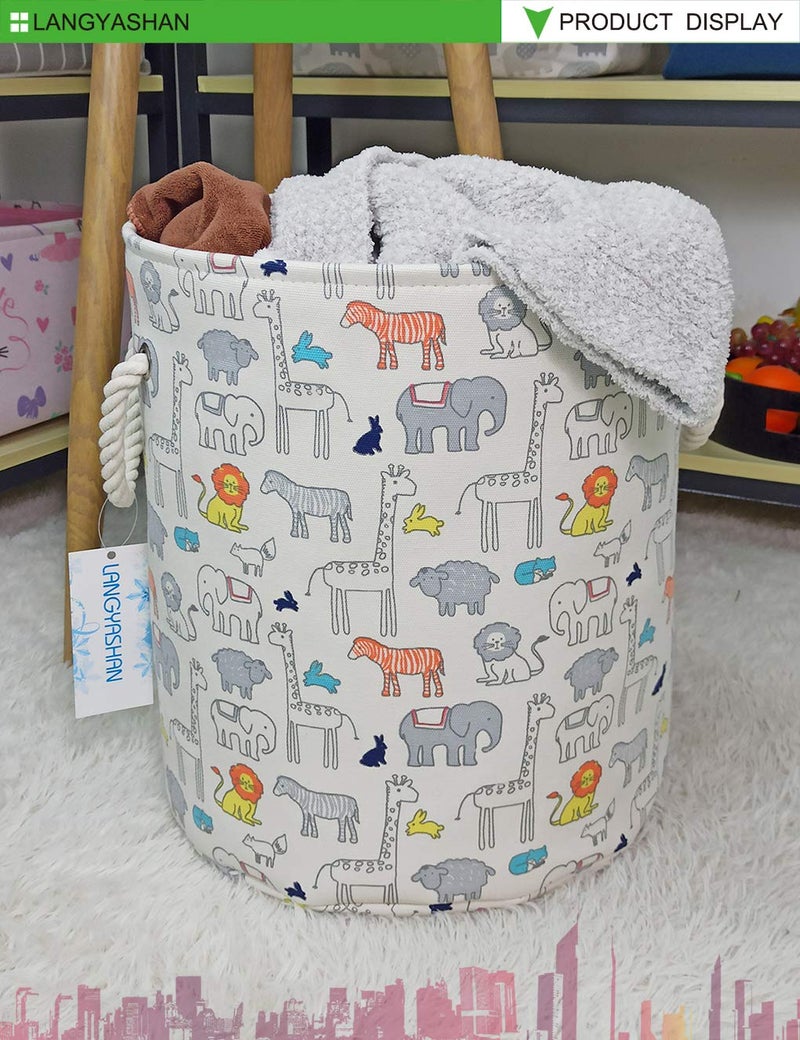 LANGYASHAN Laundry Basket Canvas Collapsible Organizer Storage Basket for Boys Girls Laundry Hamper Toy Bins Gift Baskets Bedroom Clothes Children Nursery (Animal) - Image 3