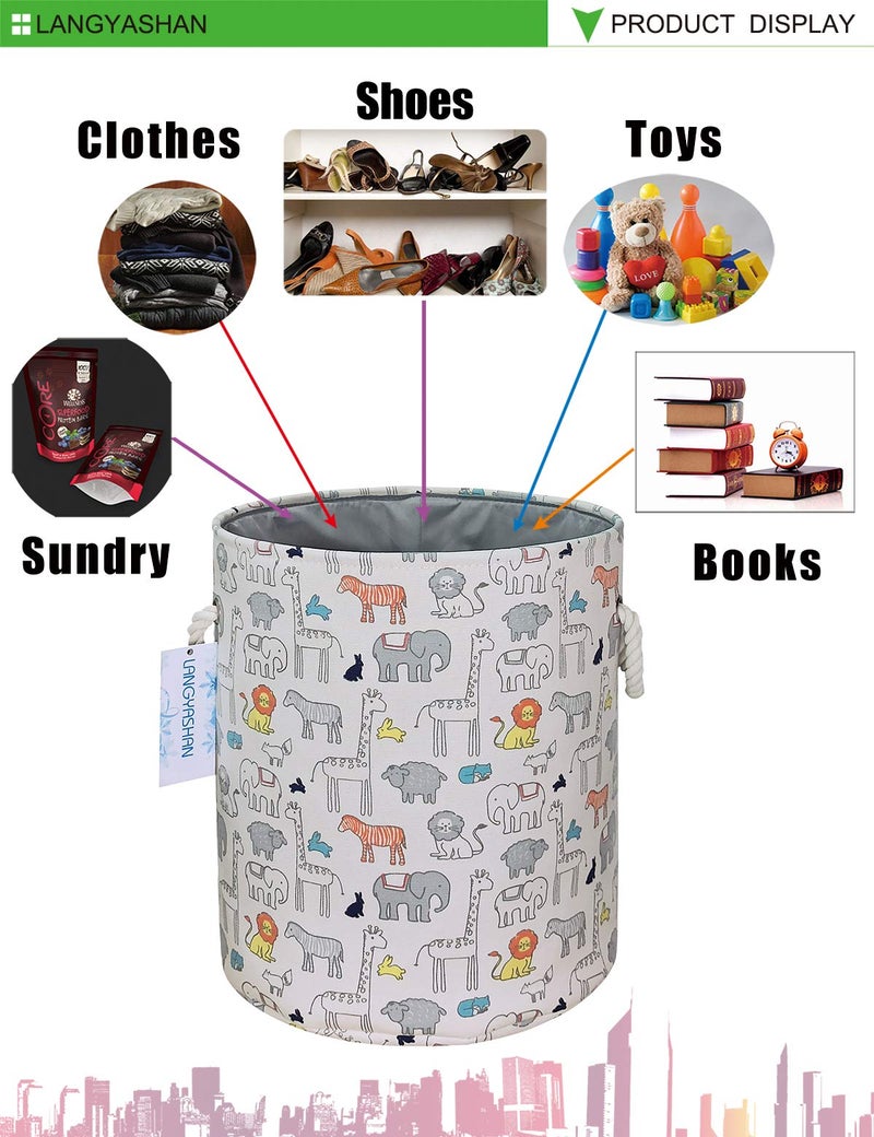 LANGYASHAN Laundry Basket Canvas Collapsible Organizer Storage Basket for Boys Girls Laundry Hamper Toy Bins Gift Baskets Bedroom Clothes Children Nursery (Animal) - Image 5