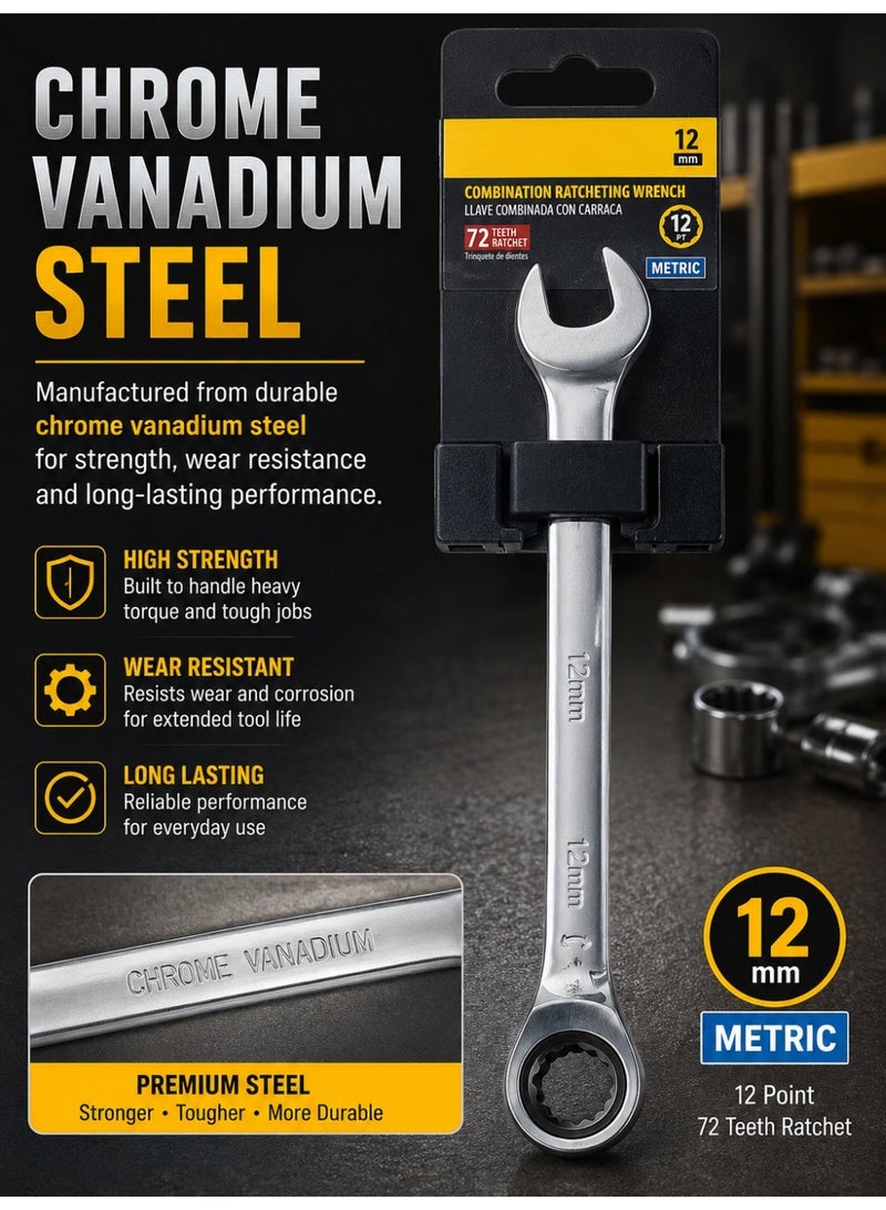 12mm Ratcheting Combination Wrench, 72-Tooth Metric Ratchet Spanner with Open End and 12-Point Ring, Chrome Vanadium Steel Hand Tool for Car, Bicycle, Motorcycle and Mechanical Repair - Image 1
