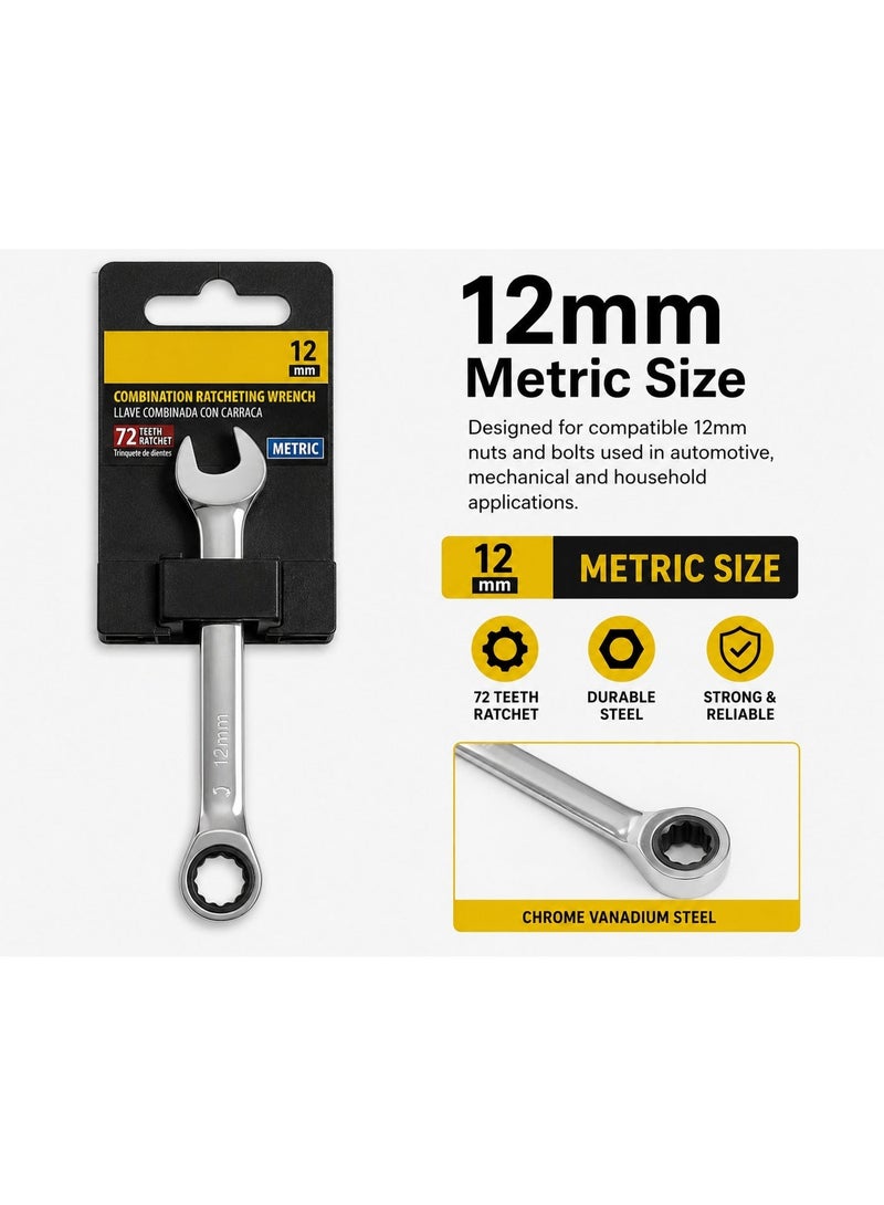 12mm Ratcheting Combination Wrench, 72-Tooth Metric Ratchet Spanner with Open End and 12-Point Ring, Chrome Vanadium Steel Hand Tool for Car, Bicycle, Motorcycle and Mechanical Repair - Image 2
