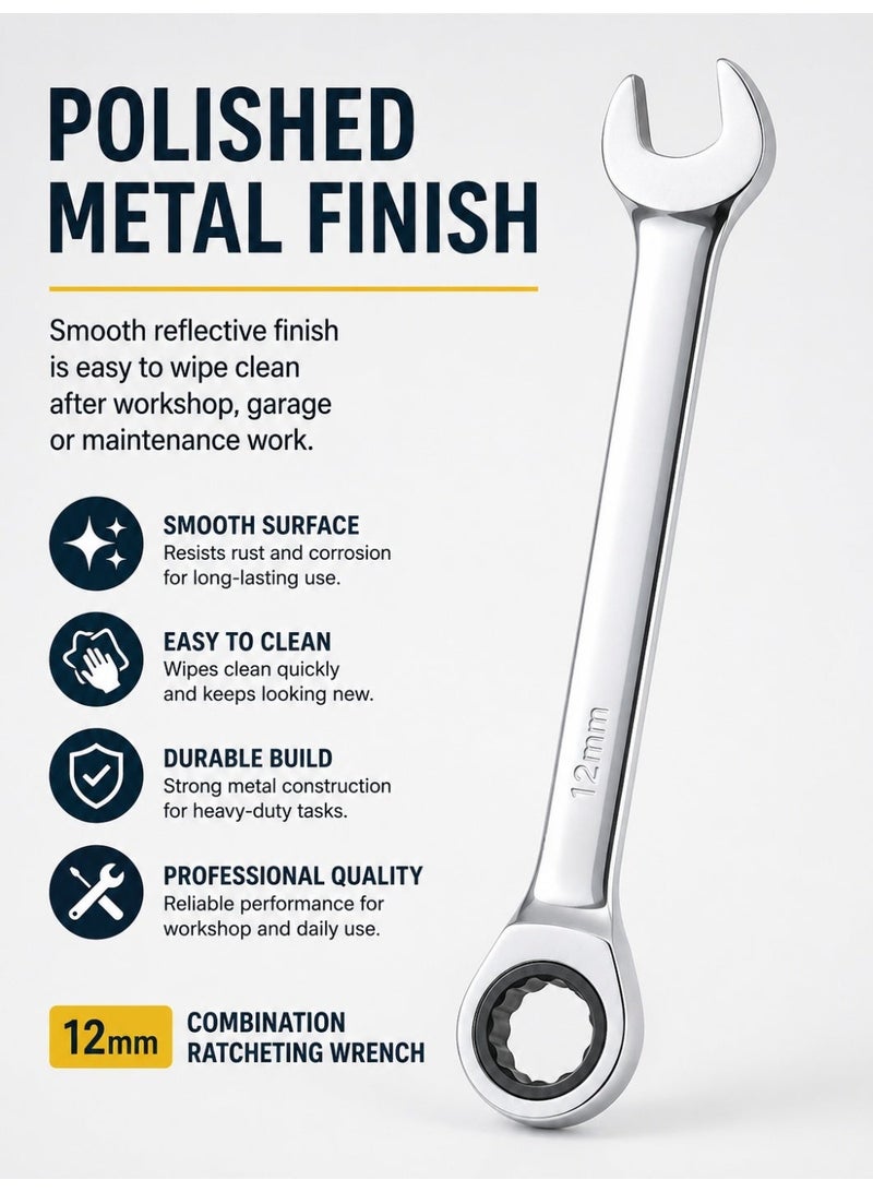 12mm Ratcheting Combination Wrench, 72-Tooth Metric Ratchet Spanner with Open End and 12-Point Ring, Chrome Vanadium Steel Hand Tool for Car, Bicycle, Motorcycle and Mechanical Repair - Image 4