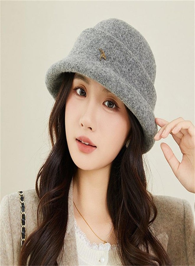 Pocadri Elegant Faux Wool Fedora Bucket Hats for Women Vintage Felt Cloche Bowler Cap Warm Outdoor Headwear Fall Winter, Grey, One size - Image 2
