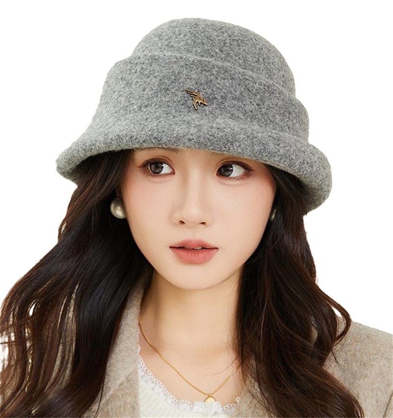 Pocadri Elegant Faux Wool Fedora Bucket Hats for Women Vintage Felt Cloche Bowler Cap Warm Outdoor Headwear Fall Winter, Grey, One size - Image 1