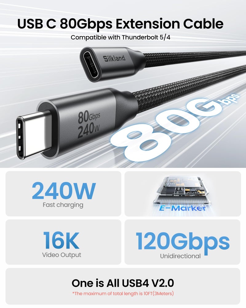 Silkland 80Gbps USB 4 Extension Cable for Thunderbolt 5/4, [240W Charging, 8K 60Hz] USB C Extender 3.3ft, 4K@540Hz Type C Male to Female Adapter Compatible for USBC Hub, iPhone 17/16, MacBook, iPad - Image 2