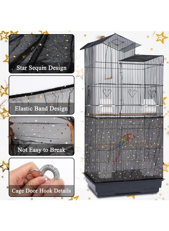 2Pcs Adjustable Bird Cage Seed Catcher(Black) Birdcage Nylon Mesh Cover Twinkle Star Universal Birdcage Cover For Parakeet Round Square Cage With Spring Hook - Image 3