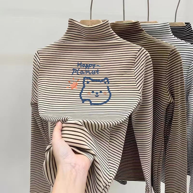 Double-Sided Velvet Semi-High Collar Bottoming Shirt Women'S Fleece-Lined Thick Warm Long Sleeve T-Shirt Striped Top T - Image 2