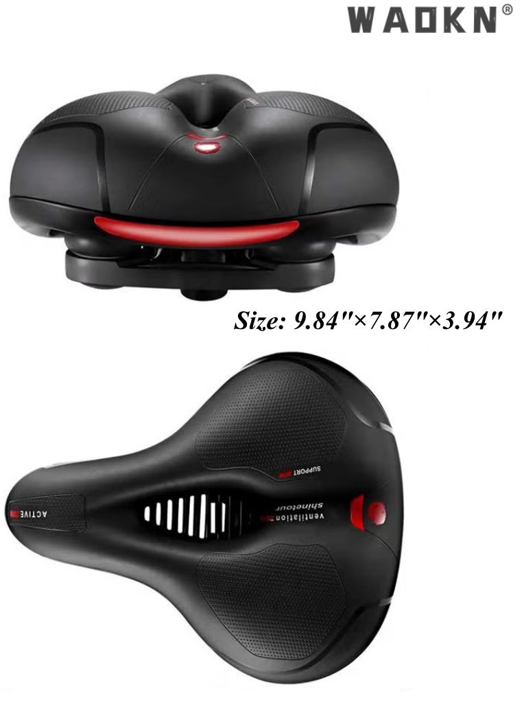 WAOKN Comfortable Waterproof Wide Bicycle Saddle With Dual Shock Absorbing Balls, Memory Foam Padded Breathable Hollow Bike Seat Cushion, Night Riding Reflective Design, Non Slip Leather Universal Bike Seat For Men Women, Fit Mountain Road E-Bike， Indoor ，Exercise，Road  Bike Seat cover，Comes With Installation Wrench, Size 26*20*10cm,black&red - Image 2