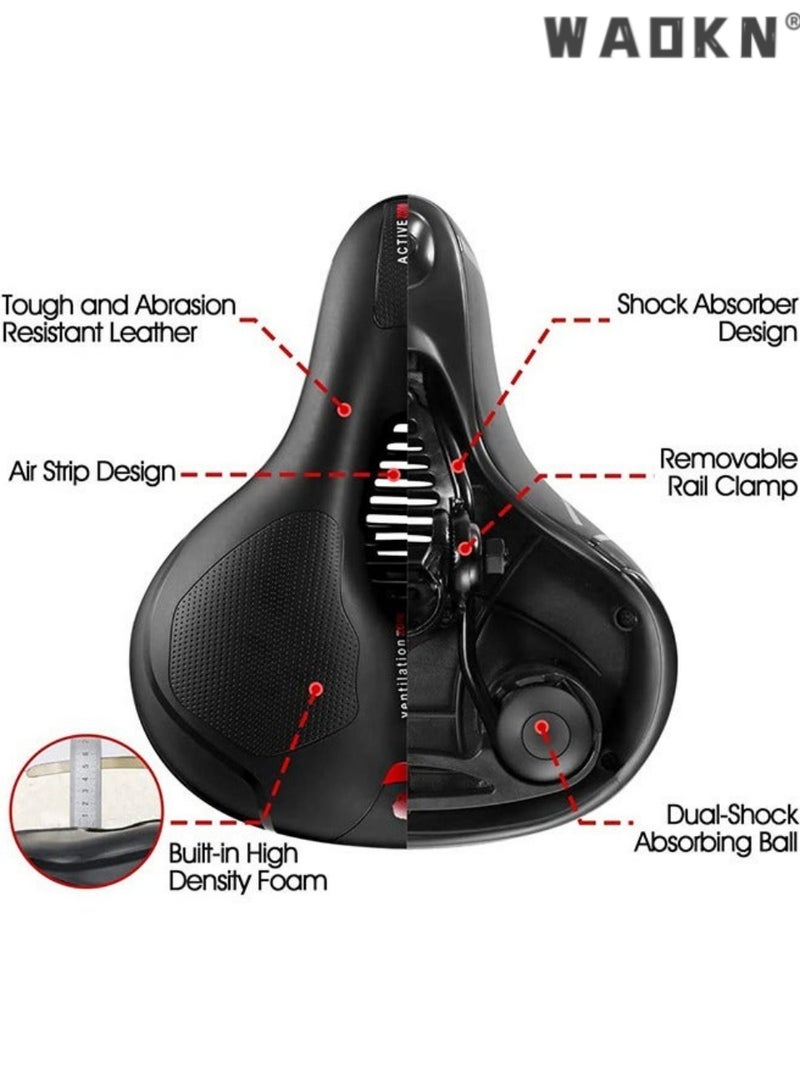 WAOKN Comfortable Waterproof Wide Bicycle Saddle With Dual Shock Absorbing Balls, Memory Foam Padded Breathable Hollow Bike Seat Cushion, Night Riding Reflective Design, Non Slip Leather Universal Bike Seat For Men Women, Fit Mountain Road E-Bike， Indoor ，Exercise，Road  Bike Seat cover，Comes With Installation Wrench, Size 26*20*10cm,black&red - Image 3