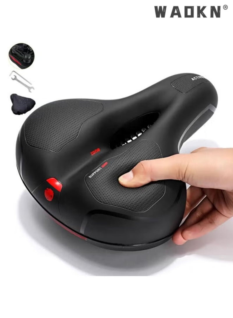 WAOKN Comfortable Waterproof Wide Bicycle Saddle With Dual Shock Absorbing Balls, Memory Foam Padded Breathable Hollow Bike Seat Cushion, Night Riding Reflective Design, Non Slip Leather Universal Bike Seat For Men Women, Fit Mountain Road E-Bike， Indoor ，Exercise，Road  Bike Seat cover，Comes With Installation Wrench, Size 26*20*10cm,black&red - Image 1