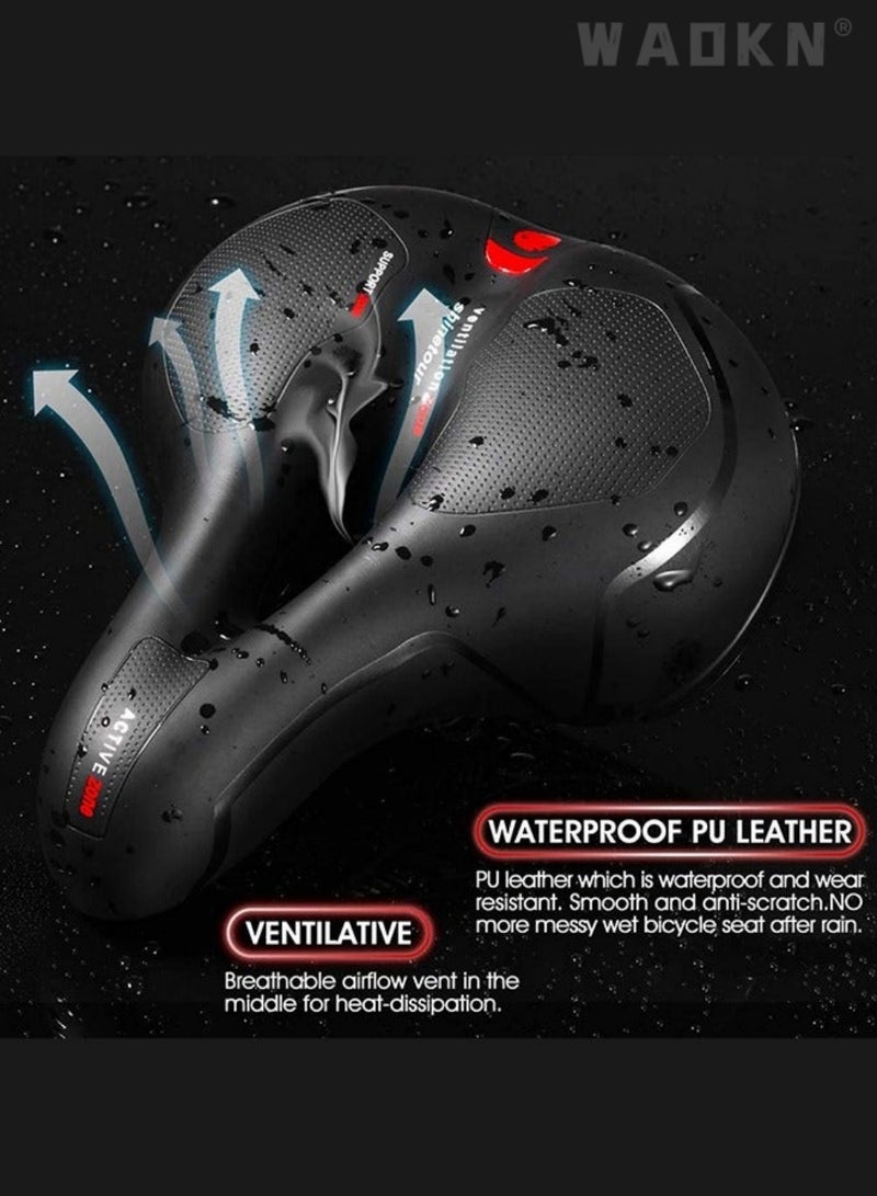 WAOKN Comfortable Waterproof Wide Bicycle Saddle With Dual Shock Absorbing Balls, Memory Foam Padded Breathable Hollow Bike Seat Cushion, Night Riding Reflective Design, Non Slip Leather Universal Bike Seat For Men Women, Fit Mountain Road E-Bike， Indoor ，Exercise，Road  Bike Seat cover，Comes With Installation Wrench, Size 26*20*10cm,black&red - Image 4