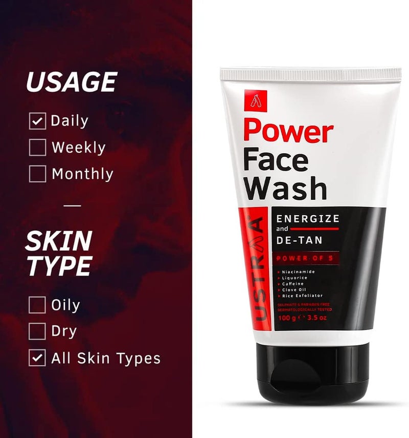 Ustraa Power Face Wash - 100g - Energize, De-Tan & Brighten | Removes Dead Skin, Clears Pores, Fresh Scent | Dermatologically Tested, No SLS | Hydrates & Enhances Skin Tone - Image 4