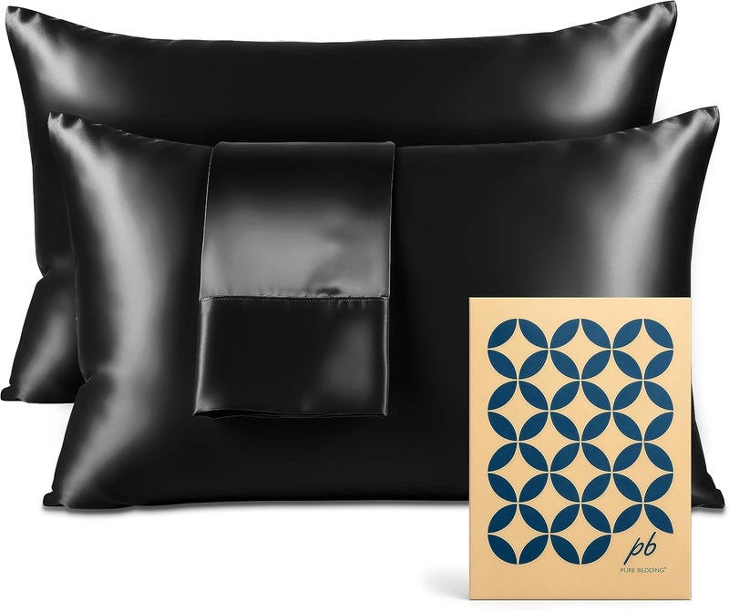 Pure Bedding Satin Pillowcase 2 Pack - King Size (20"x40", Black) - Silky Pillow Cases for Hair and Skin - Satin Pillow Covers with Envelope Closure - Extra Soft Premium Microfiber - Image 1