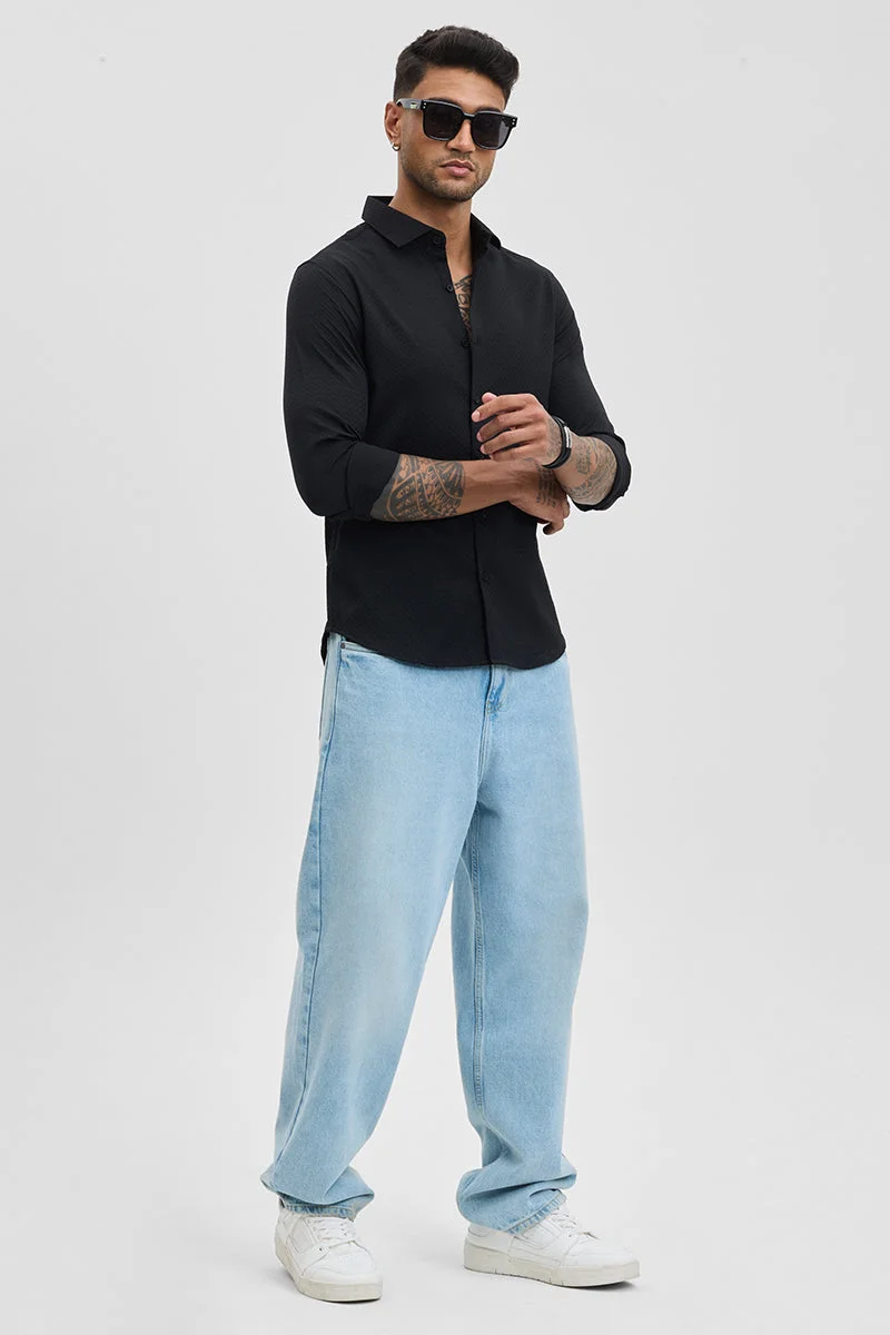 سنيتش Black Textured Long Sleeve Slim Fit Casual Shirt