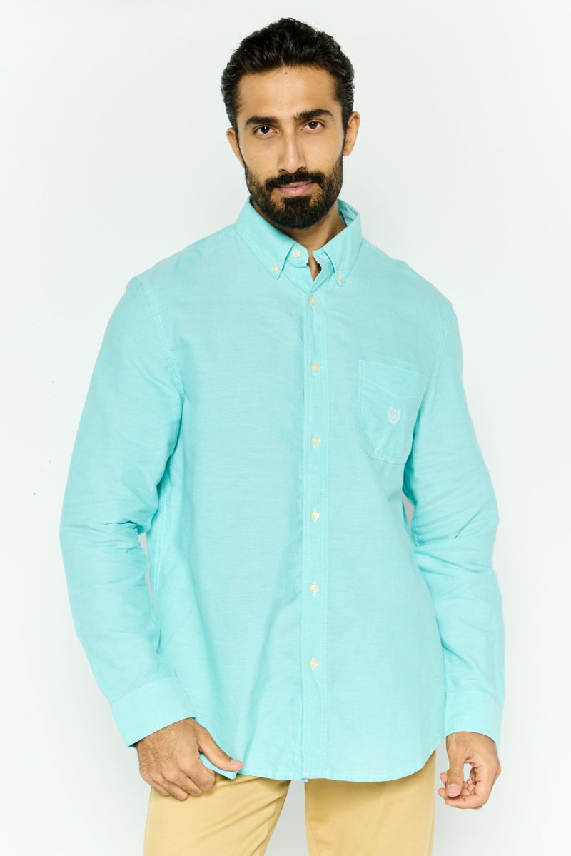 Chaps Men Custom Fit Embroidered Long Sleeve Casual Shirt, Turquoise - Image 1