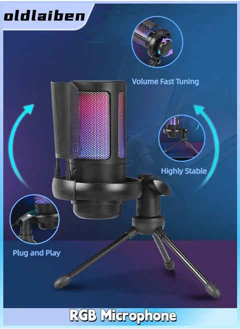 USB Colorful Computer Microphone, RGB Condenser Microphone With Quick Mute, Noise-canceling RGB Condenser Microphone For Gaming Competitive Cell Phone Live Singing Recording（Black）