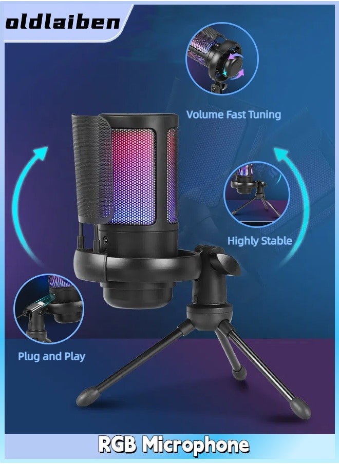 oldlaiben - USB Colorful Computer Microphone, RGB Condenser Microphone With Quick Mute, Noise-canceling RGB Condenser Microphone For Gaming Competitive Cell Phone Live Singing Recording（Black） - Image 1