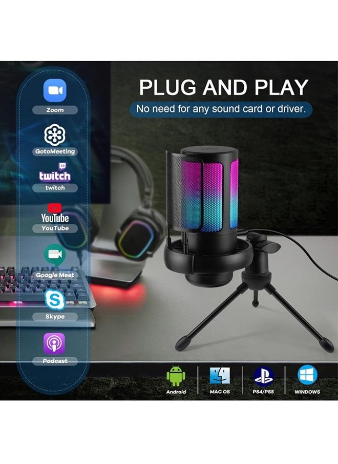 oldlaiben - USB Colorful Computer Microphone, RGB Condenser Microphone With Quick Mute, Noise-canceling RGB Condenser Microphone For Gaming Competitive Cell Phone Live Singing Recording（Black） - Image 1