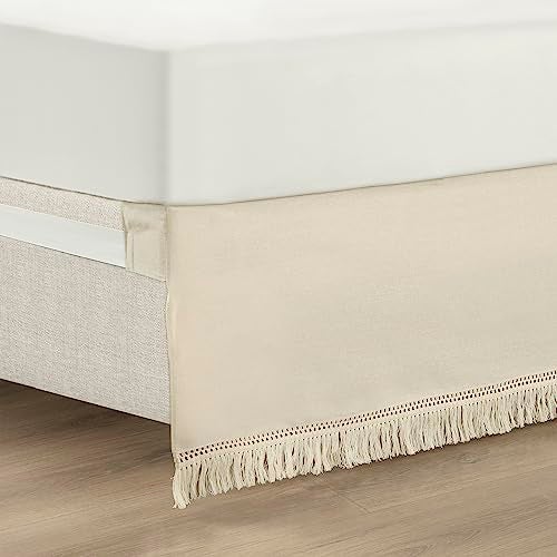 Lush Decor Boho Fringe 15-Inch Tailored Drop Easy Fit Bedskirt, Queen, Neutral - Image 1