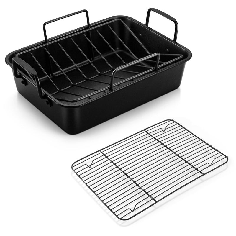 P&P CHEF PP CHEF 14 Roaster Roasting Pan with Baking Rack and Vshaped Rack Stainless Steel Rectangular Lasagna Pan with Handles for Turkey Chicken Healthy  Dishwasher Safe 3 Pieces Black