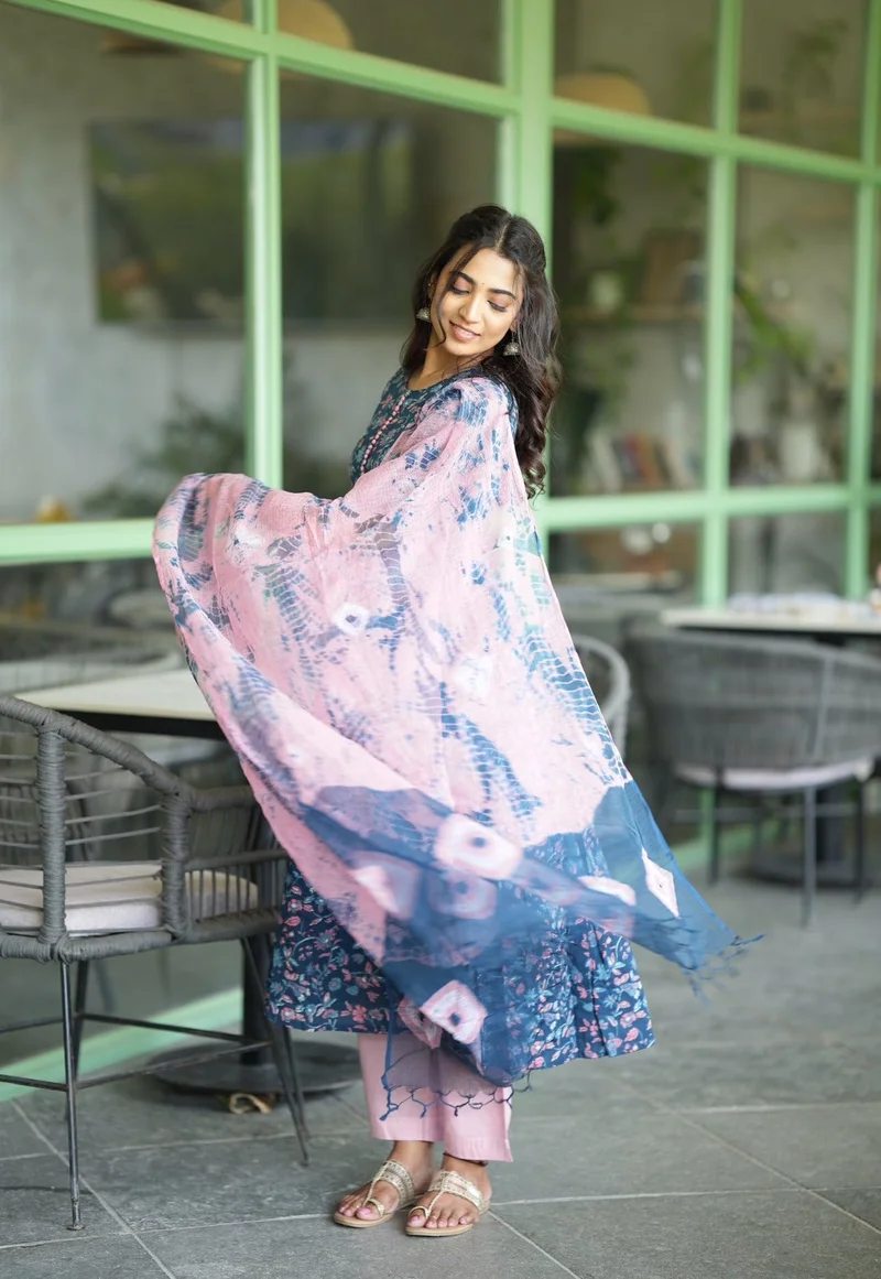 GoSriKi Women's Cotton Blend Anarkali Printed Kurta with Pant & Dupatta Blue