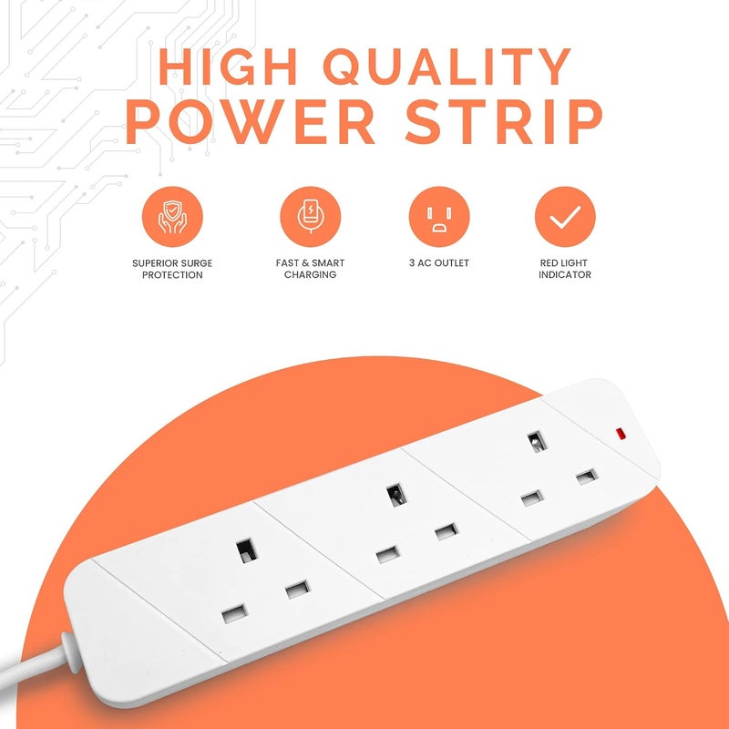 ELONSEY 3 Meters Power Extension Cord with 3 Power Plugs, 3 Way Power Strip, Extension Lead 3 meter - White - Image 2