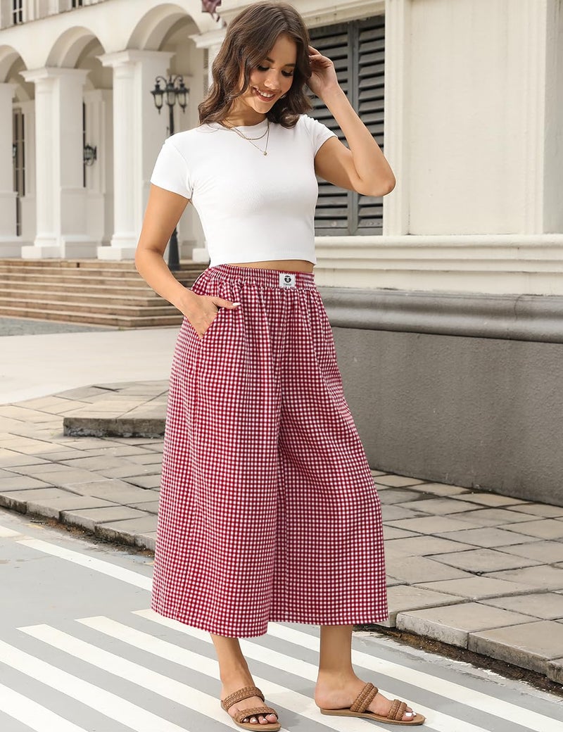 TARSE Womens Wide Leg Linen Pants Casual Loose Gingham Capri Trousers Elastic Waist Flowy Checkered Palazzo Pants with Pockets(Redwhite, L) - Image 3