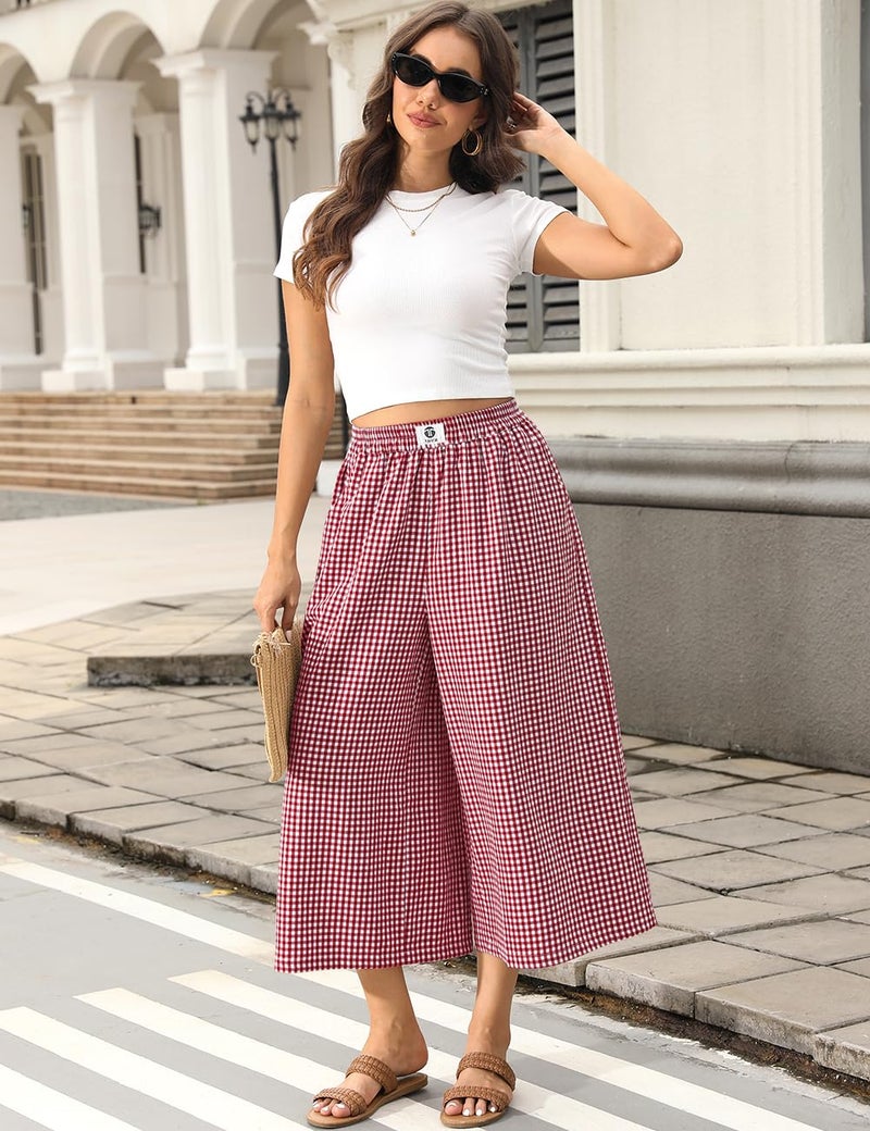 TARSE Womens Wide Leg Linen Pants Casual Loose Gingham Capri Trousers Elastic Waist Flowy Checkered Palazzo Pants with Pockets(Redwhite, L) - Image 4