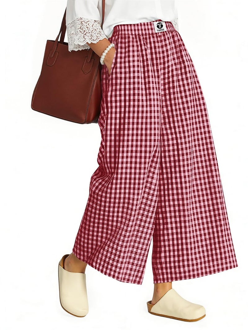 TARSE Womens Wide Leg Linen Pants Casual Loose Gingham Capri Trousers Elastic Waist Flowy Checkered Palazzo Pants with Pockets(Redwhite, L) - Image 1