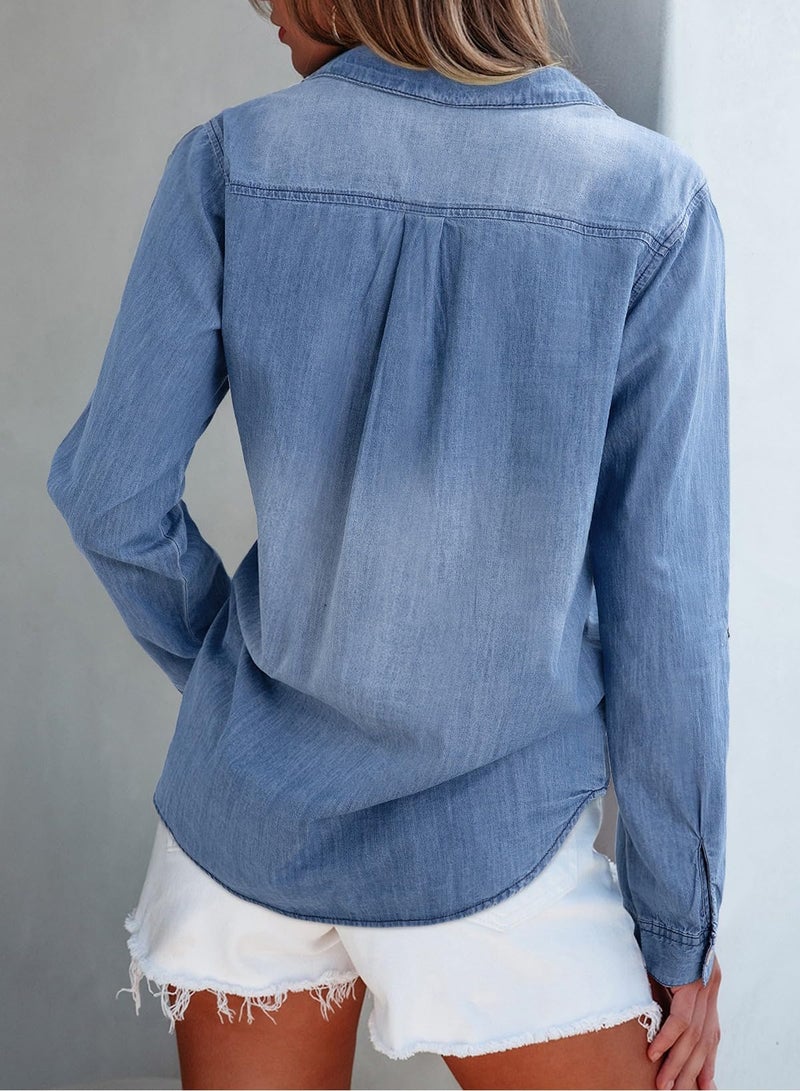 Sidefeel Women's Denim Top Long Sleeve Jean Shirt Button Down Denim Shirt Medium Ashleigh Blue - Image 2